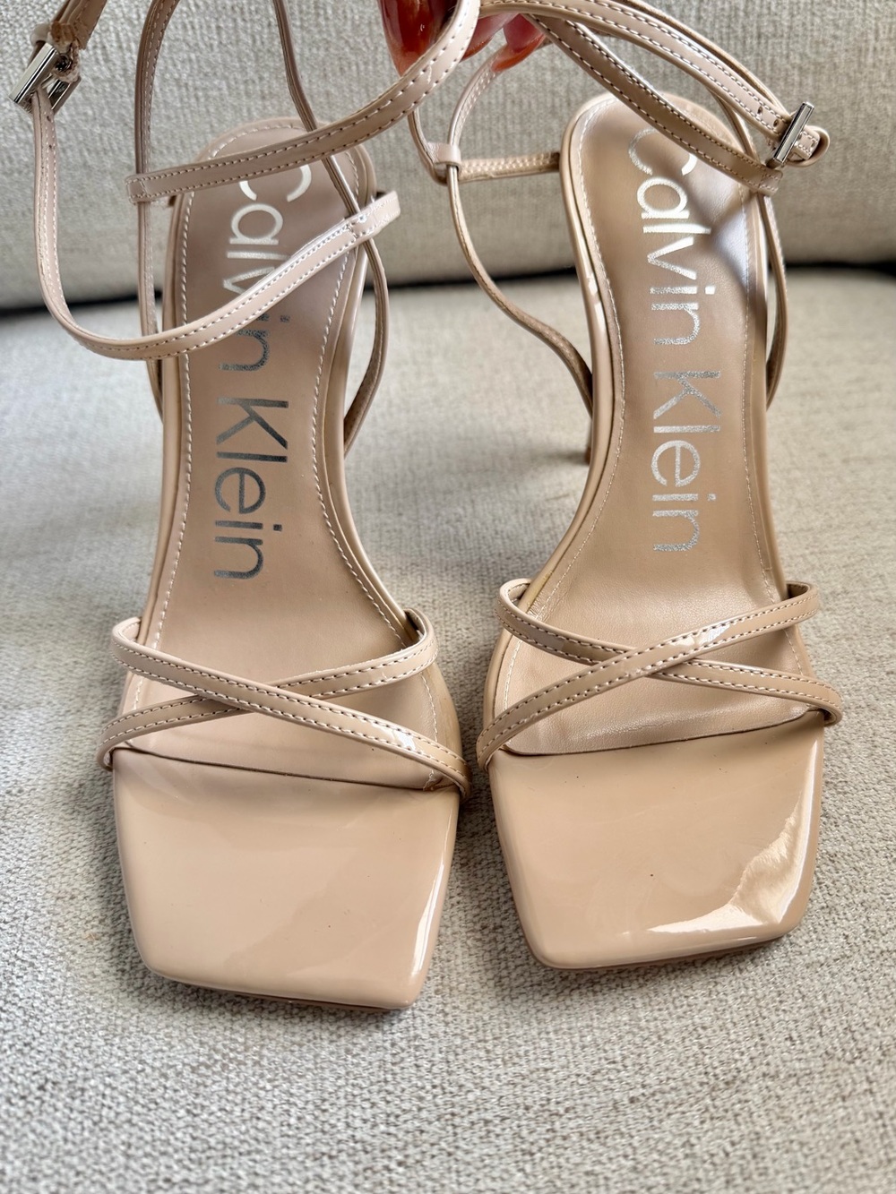 Calvin Klein Nude Patent Square-Toe Strappy Heels